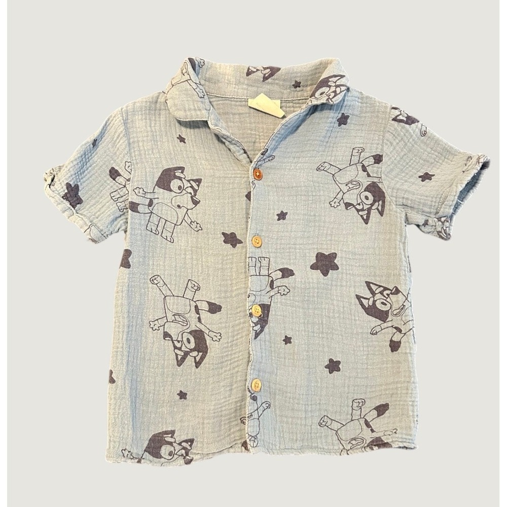 Bluey Blue Cotton Gauze Button Down Shirt Short Sleeve 3T Happy Threads 1525